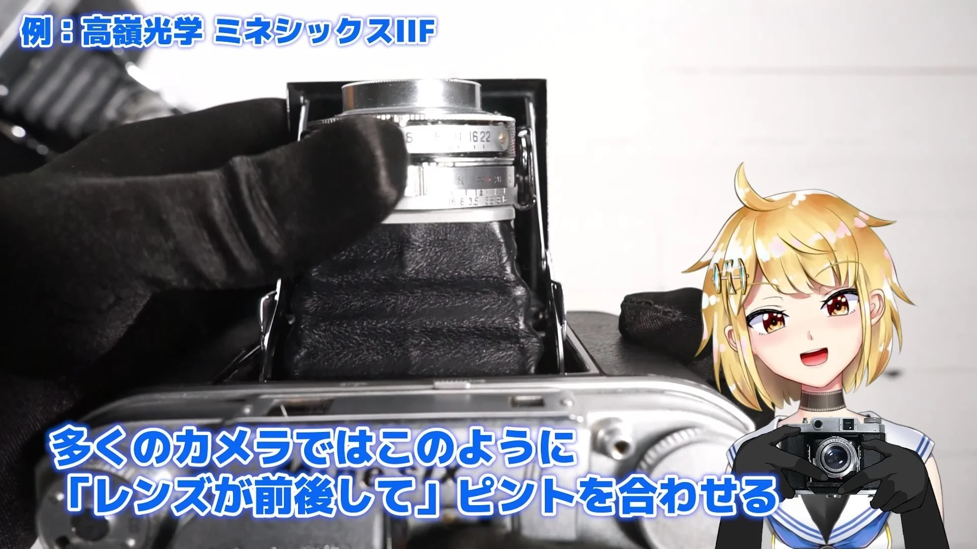 多くのカメラはレンズが前後に動く(例はミネシックスIIF)