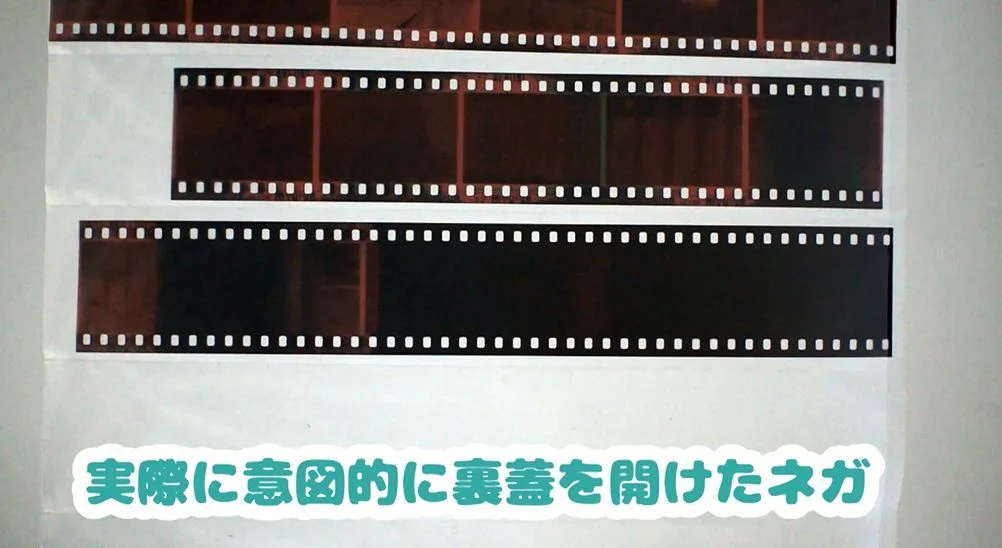 巻き戻す前に意図的にカメラの蓋を開けたフィルム